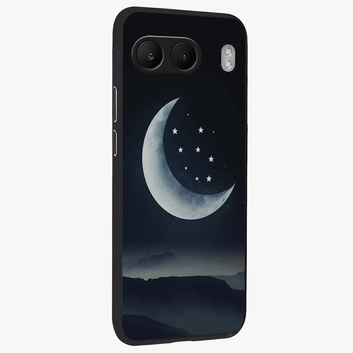 Starry Moon Pattern Glass Case for 1+Nord 4 side perspective highlighting celestial textures and premium edges