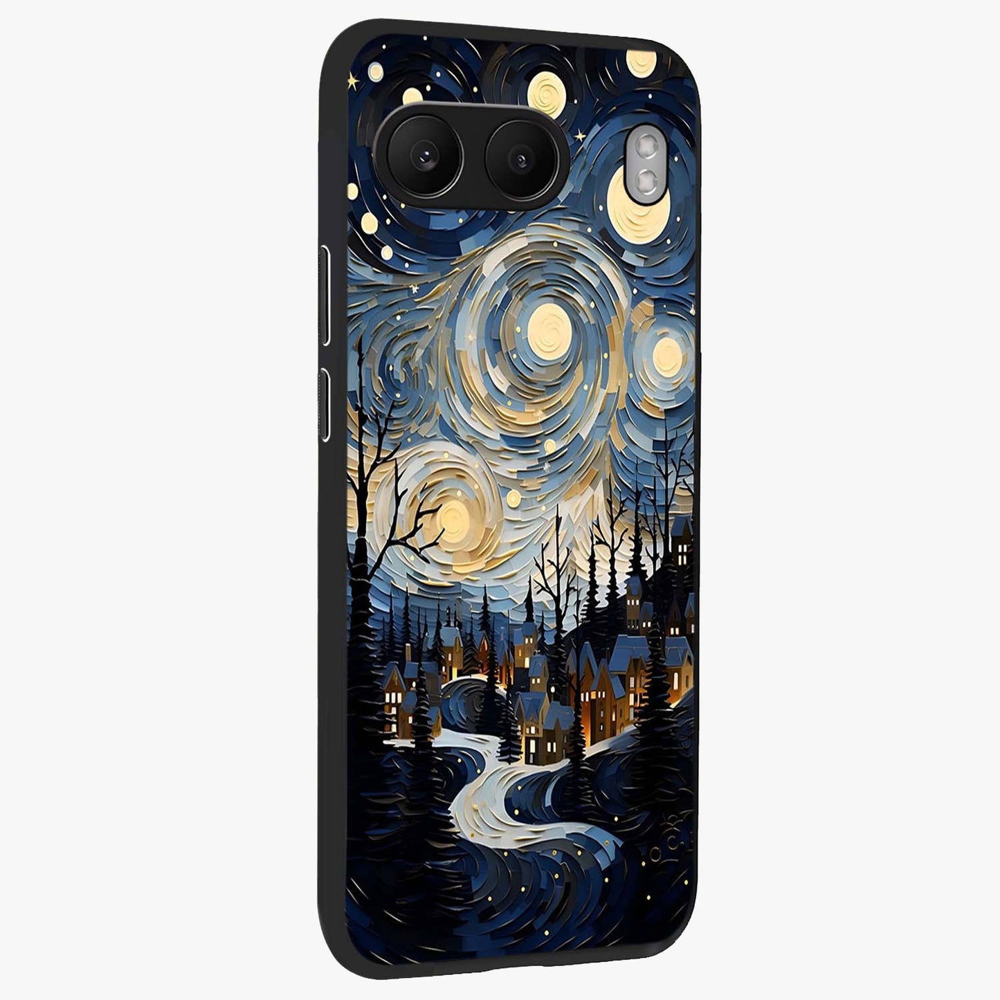 Starry Winter Town Glass Case for 1+Nord 4 side perspective highlighting serene landscape textures and premium edges