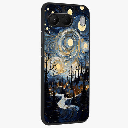 Starry Winter Town Glass Case for 1+Nord 4 side perspective highlighting serene landscape textures and premium edges