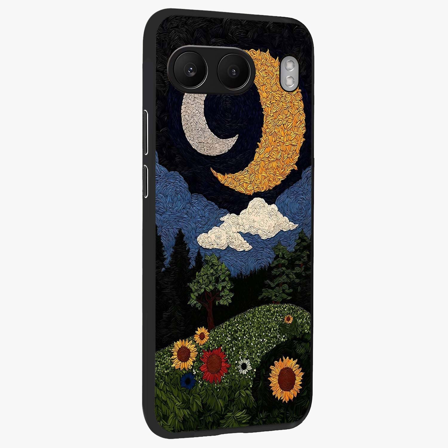 Sun and Moon Magic Design Glass Case for 1+Nord 4 side perspective highlighting celestial detailing and premium edges