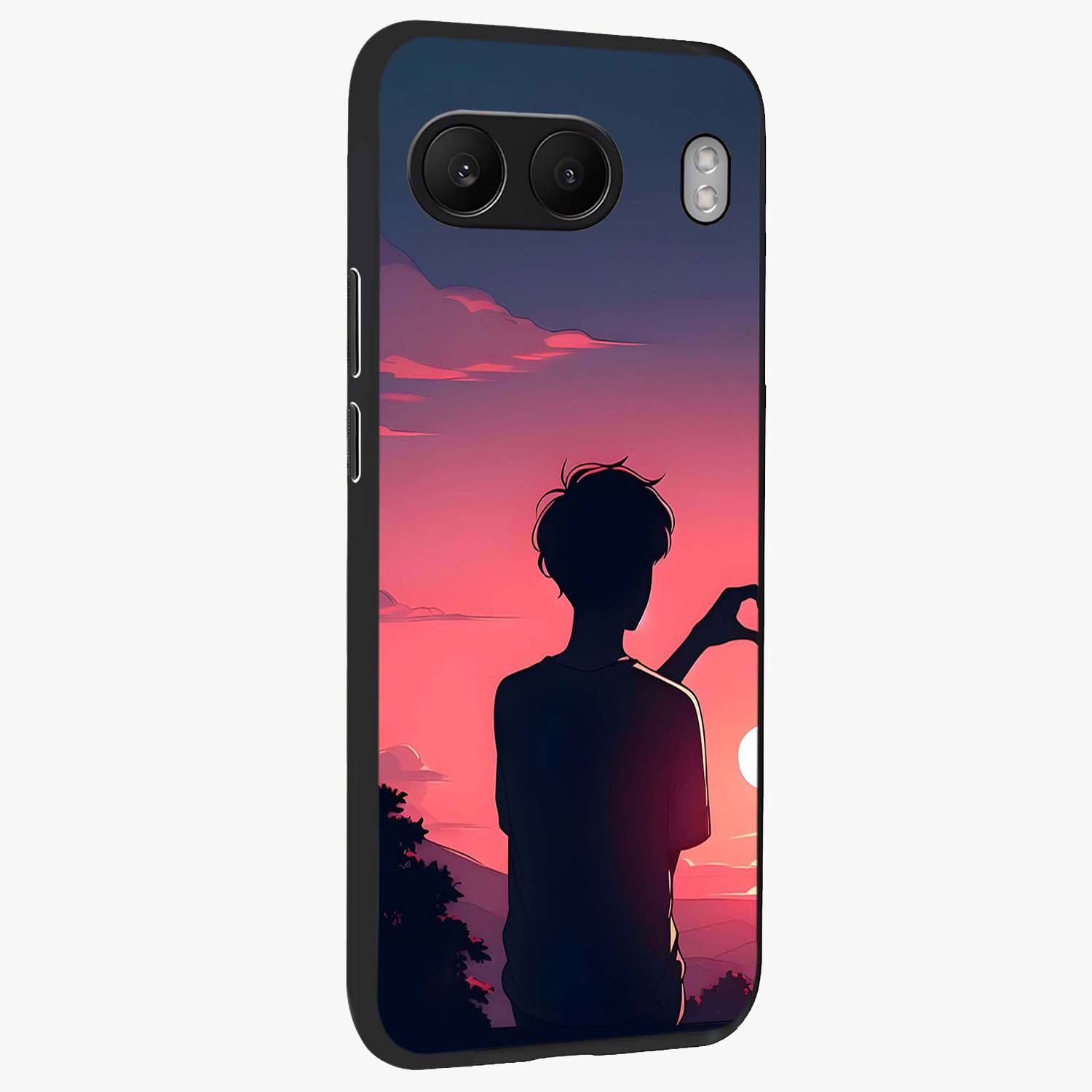 Sunset Silhouette Girl Glass Case for 1+Nord 4 side perspective highlighting soft scenic textures and sleek premium build