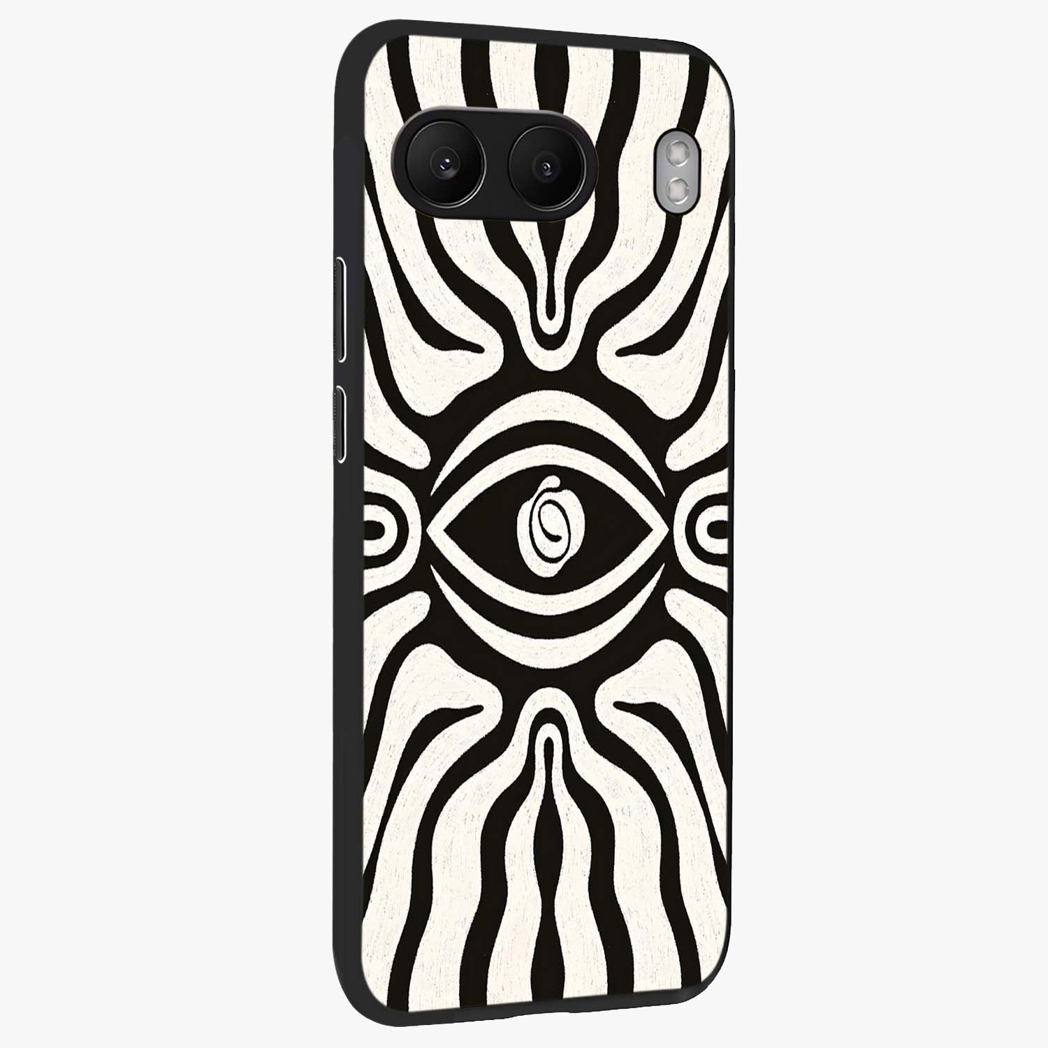 Trancewave Illusion Art Glass Case for 1+Nord 4 side perspective highlighting dynamic wave textures and premium edges