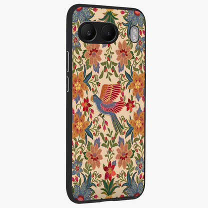 Tropical Folk Art Bird Glass Case for 1+Nord 4 side perspective highlighting detailed feather textures and premium edges