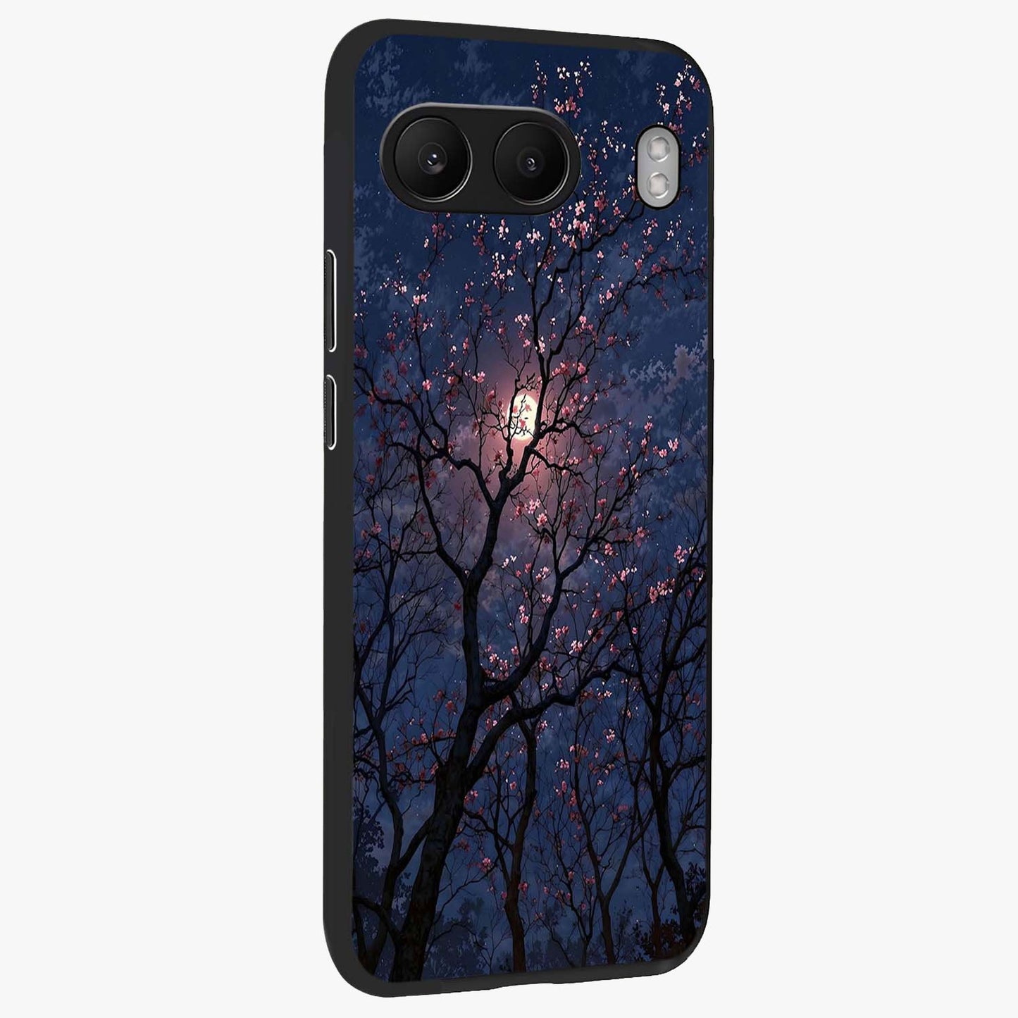 Twilight Sakura Serenade Glass Case for 1+Nord 4 side perspective highlighting delicate sakura textures and premium edges