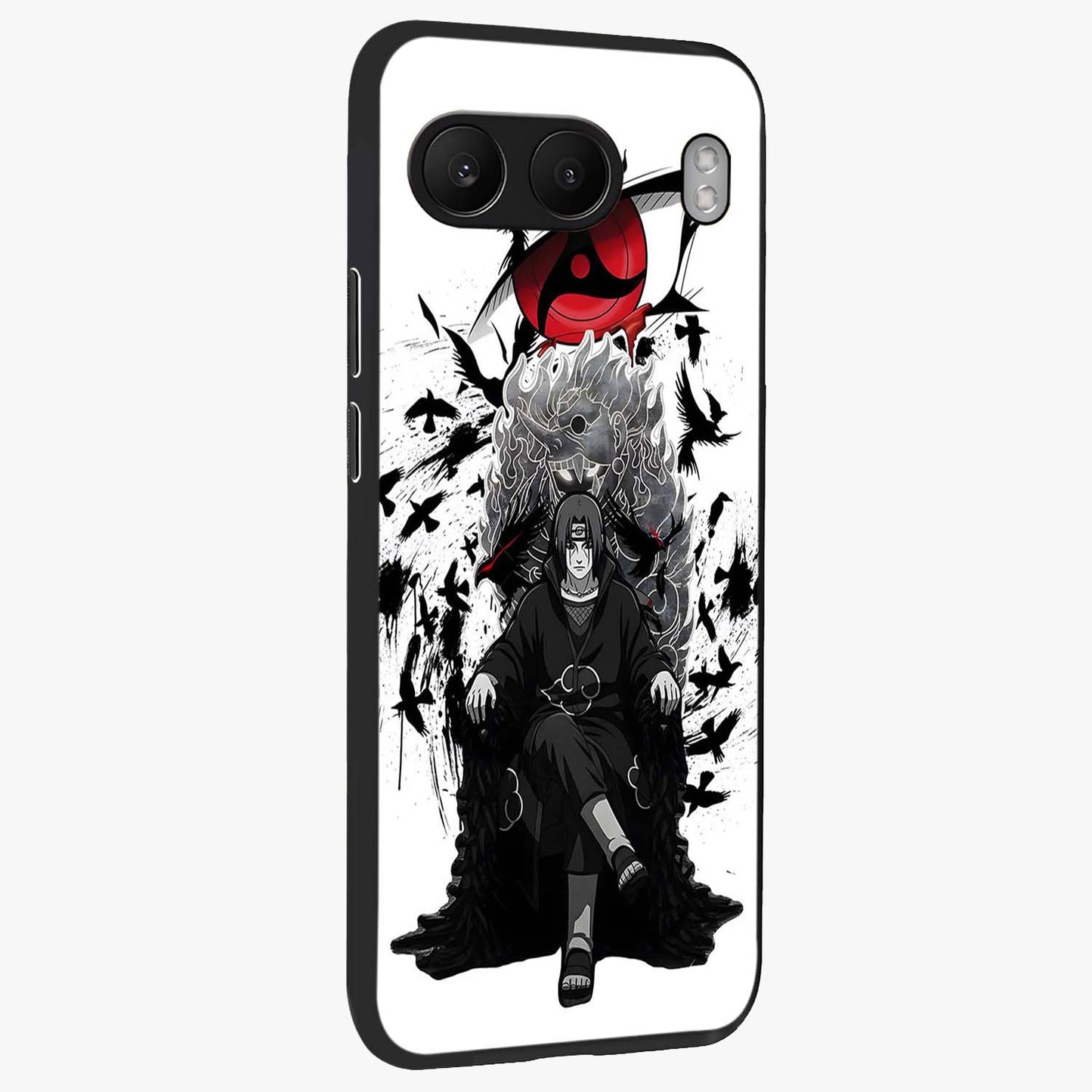 Uchiha Shadow Throne Glass Case for 1+Nord 4 side perspective highlighting bold character textures and premium edges