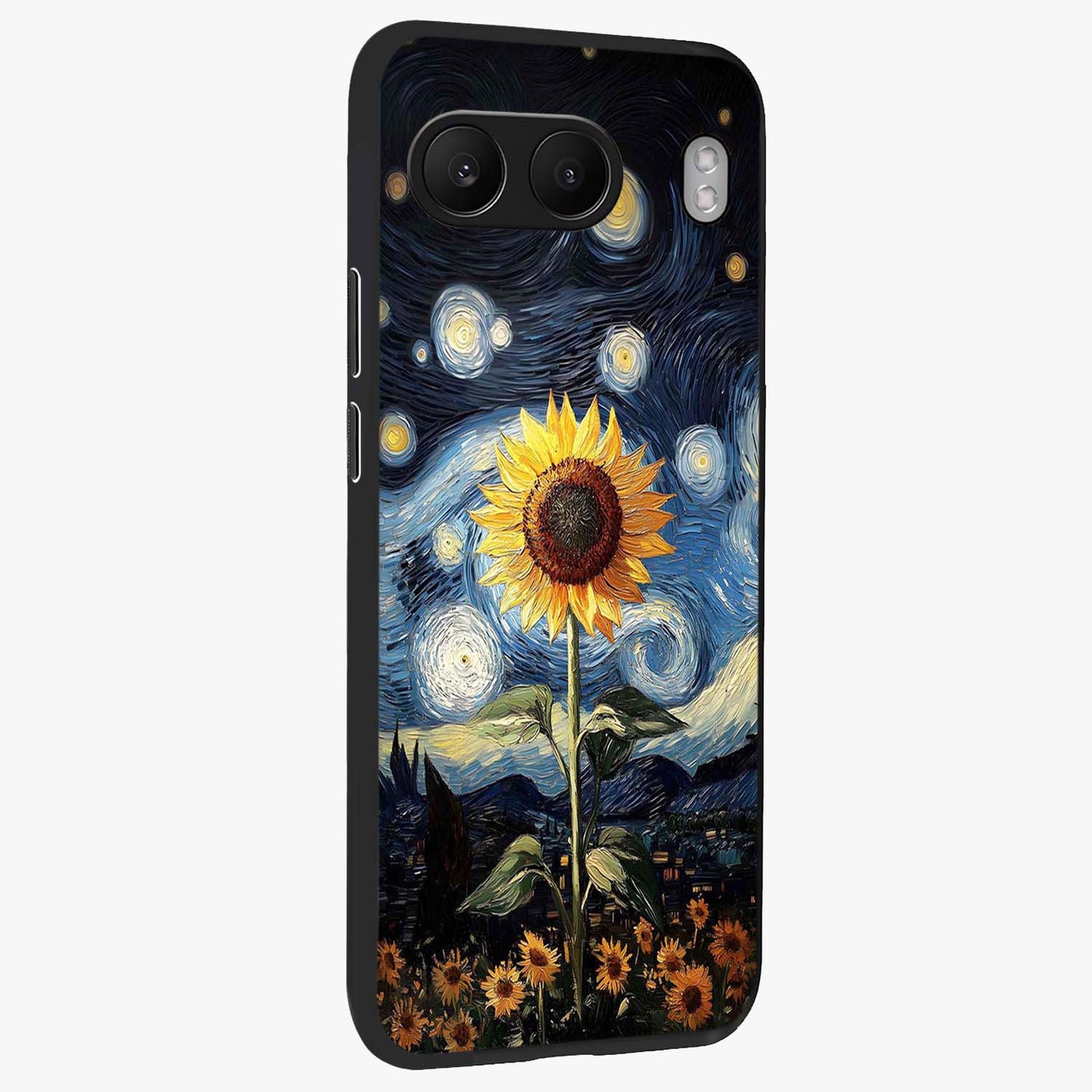 Van Gogh Sunflower Glass Case for 1+Nord 4 side perspective highlighting textured brushstroke details and premium edges