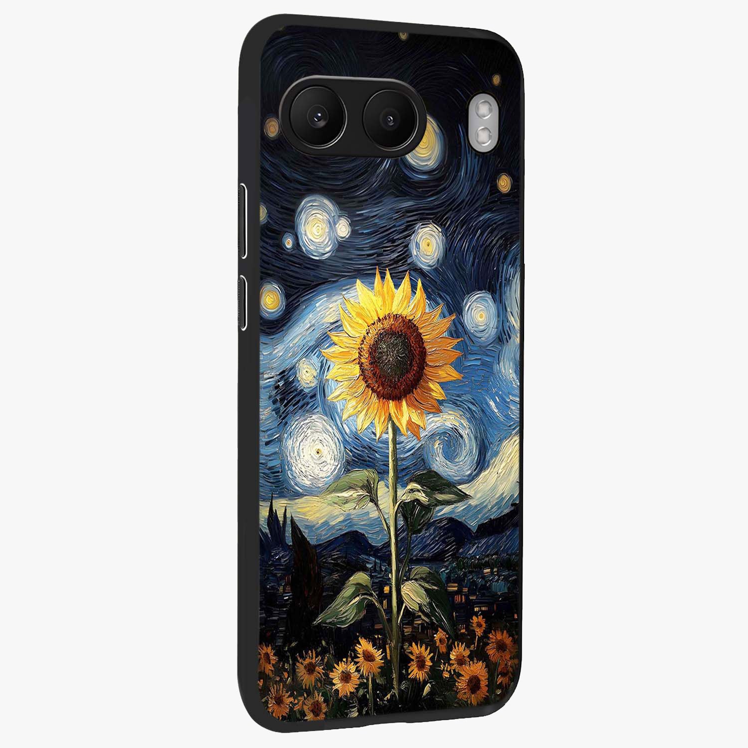 Van Gogh Sunflower Glass Case for 1+Nord 4 side perspective highlighting textured brushstroke details and premium edges