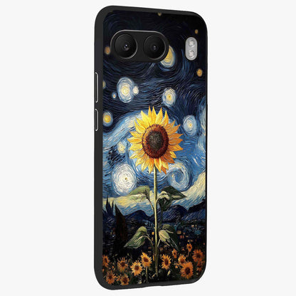 Van Gogh Sunflower Glass Case for 1+Nord 4 side perspective highlighting textured brushstroke details and premium edges