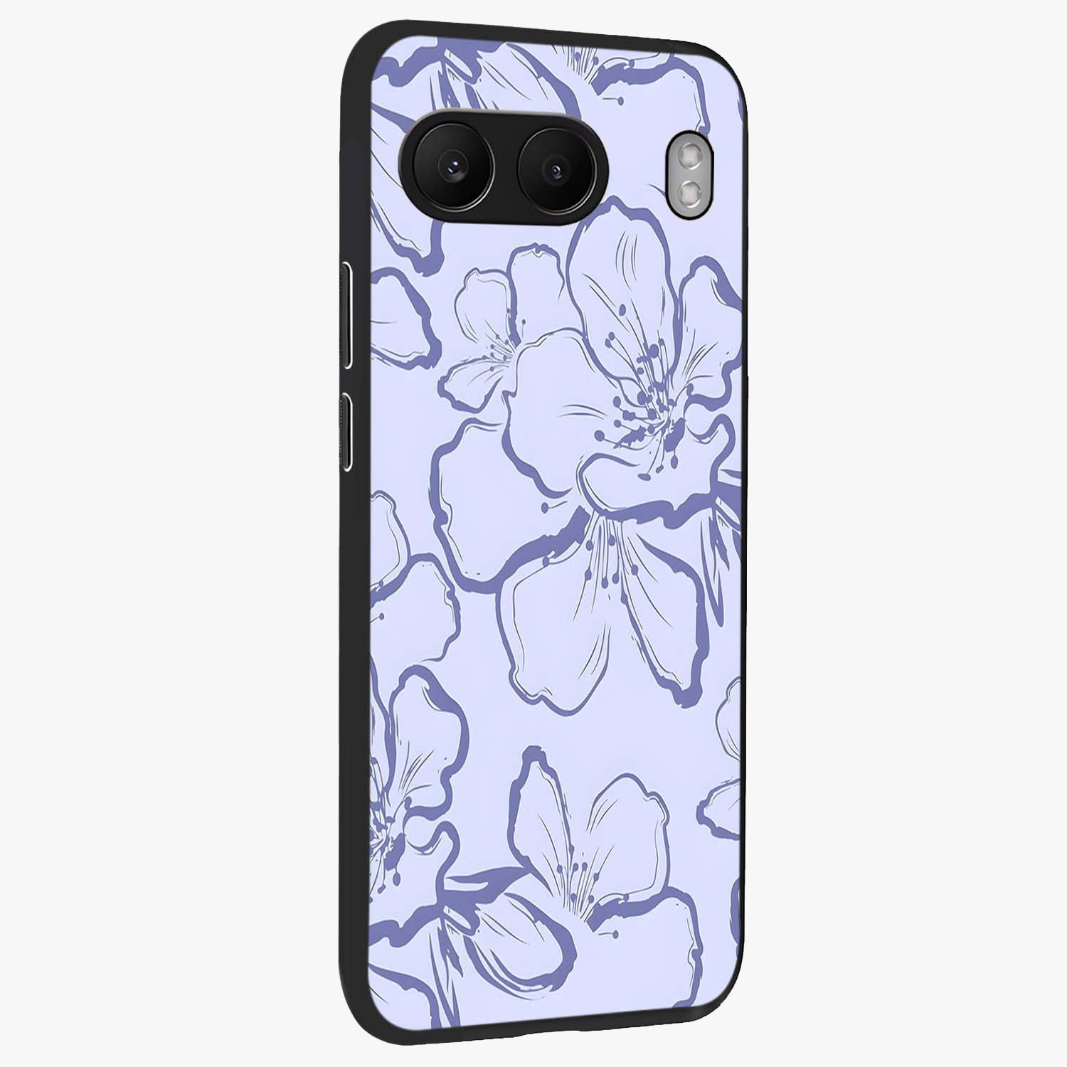 Violet Sketch Garden Glass Case for 1+Nord 4 side perspective highlighting refined bloom textures and premium edges