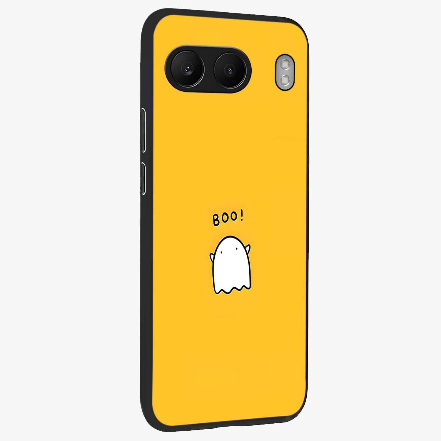 Yellow Boo Ghost Glass Case for 1+Nord 4 side perspective highlighting lively textures and premium edges