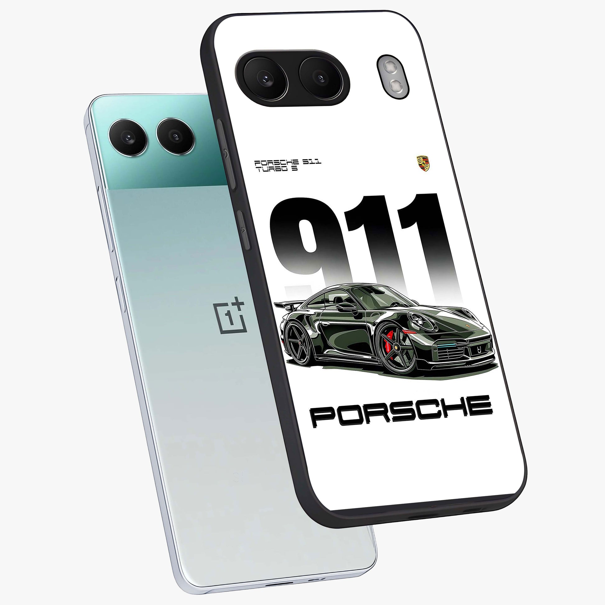 911 Turbo Dominance Glass Case for 1+Nord 4 premium angled mockup showcasing glossy glass finish and racing inspired design