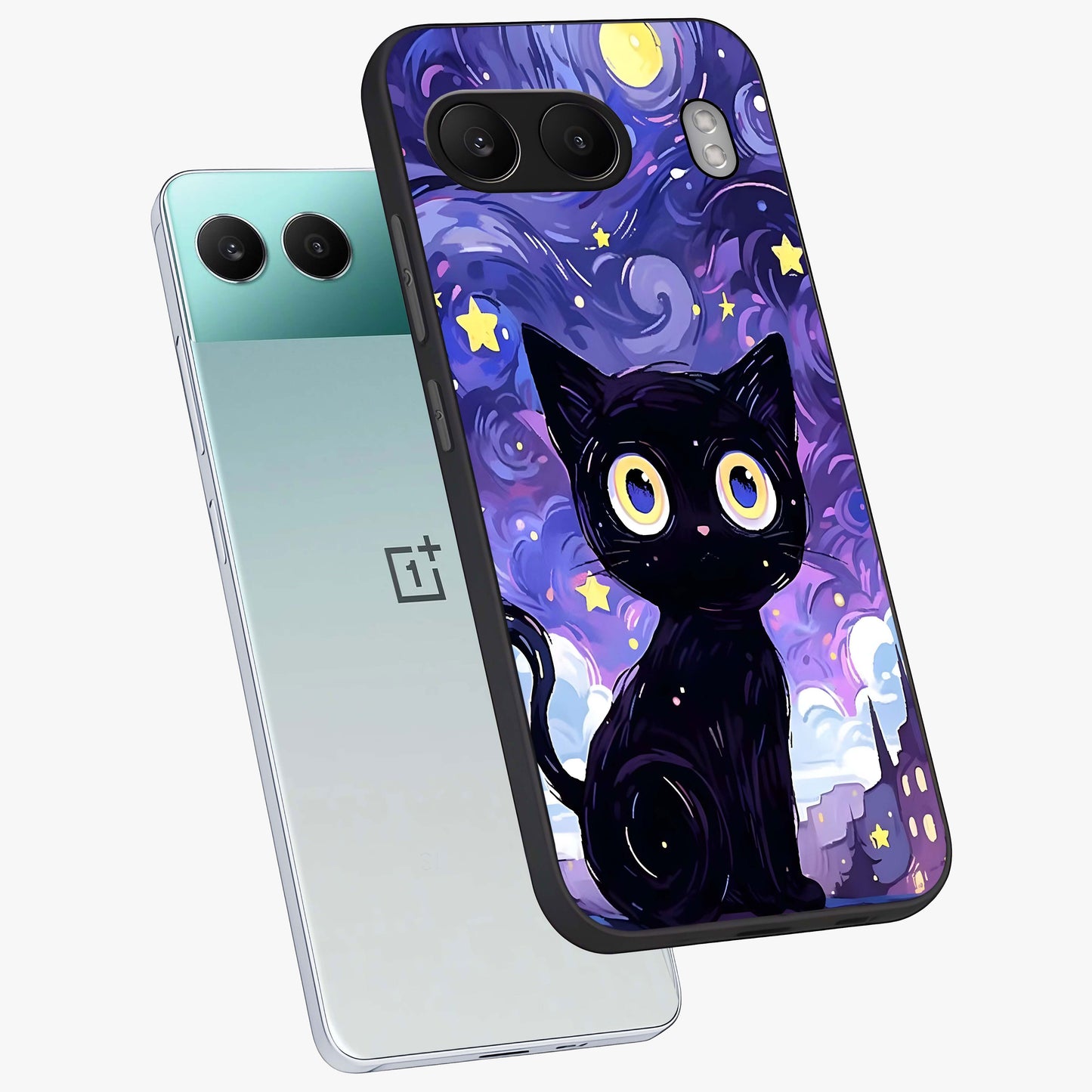 Abstract Cat Art Glass Case for 1+Nord 4 premium angled mockup showcasing glossy glass finish and creative feline design