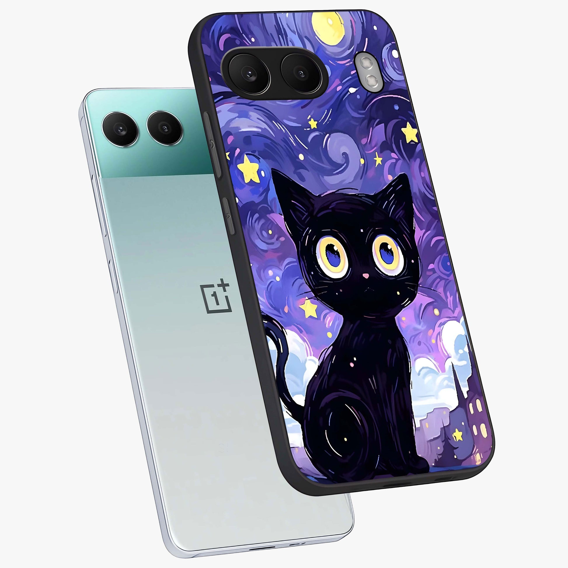 Abstract Cat Art Glass Case for 1+Nord 4 premium angled mockup showcasing glossy glass finish and creative feline design