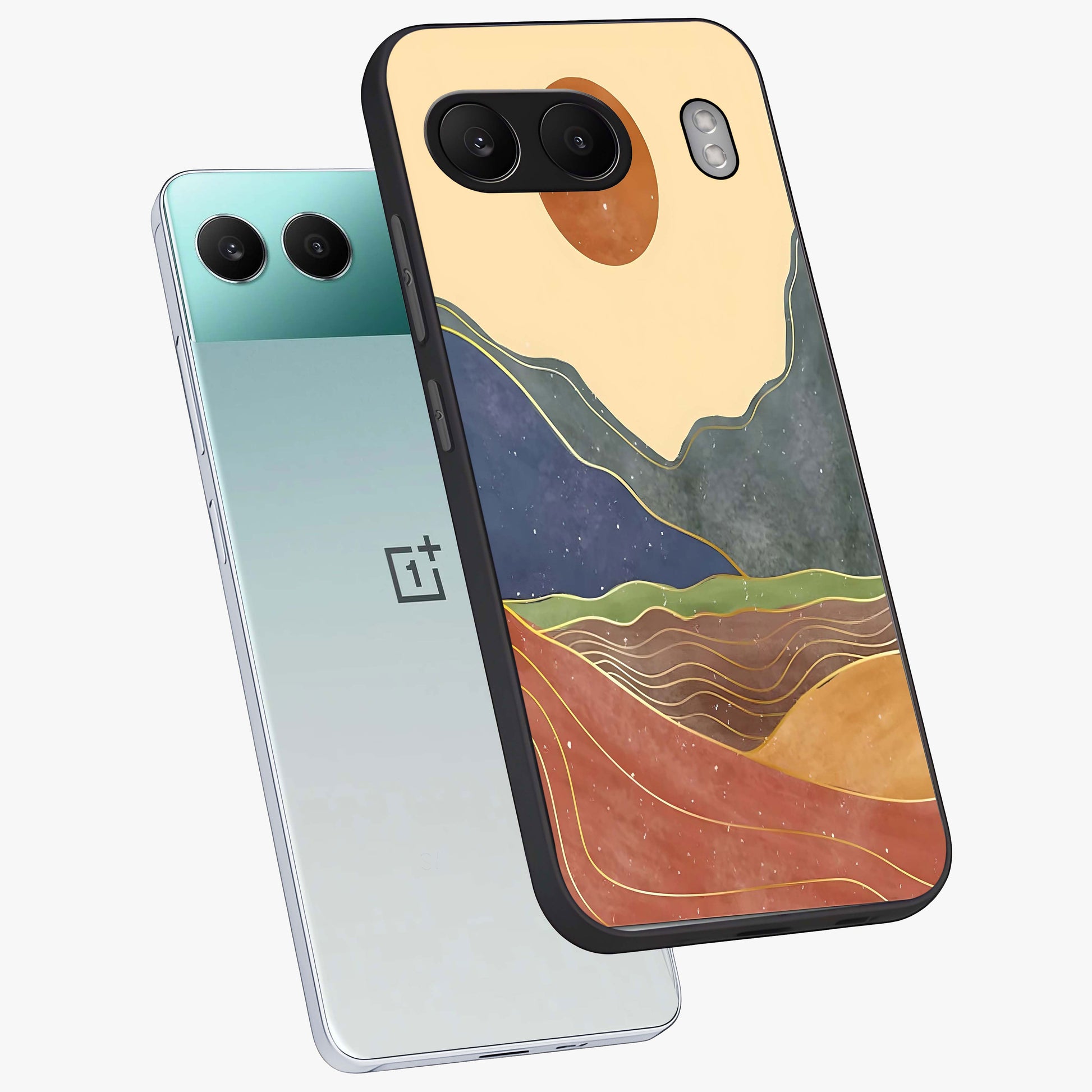 Abstract Mountain Glow Glass Case for 1+Nord 4 angled mockup showcasing glossy glass finish and scenic gradient tones