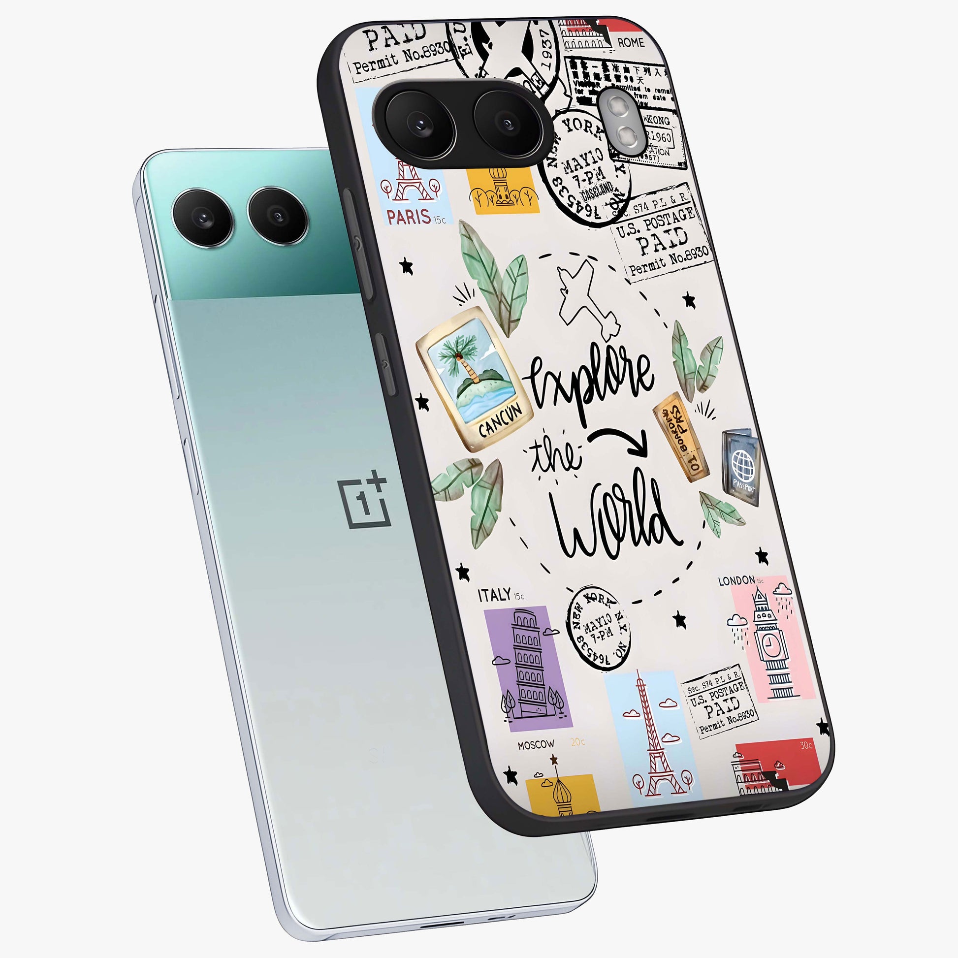Adventure Awaits Art Glass Case for 1+Nord 4 angled display showcasing glossy finish and adventure themed design