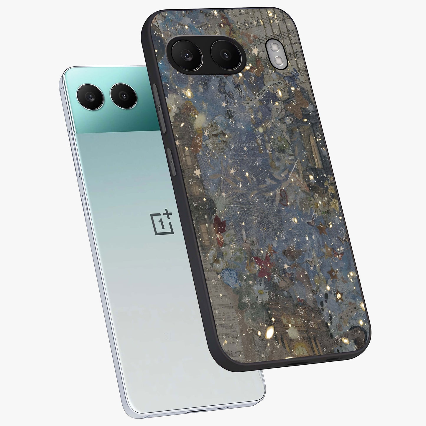 Aesthetic Astrolophia Glass Case for 1+Nord 4 angled mockup showcasing glossy cosmic design and premium glass finish