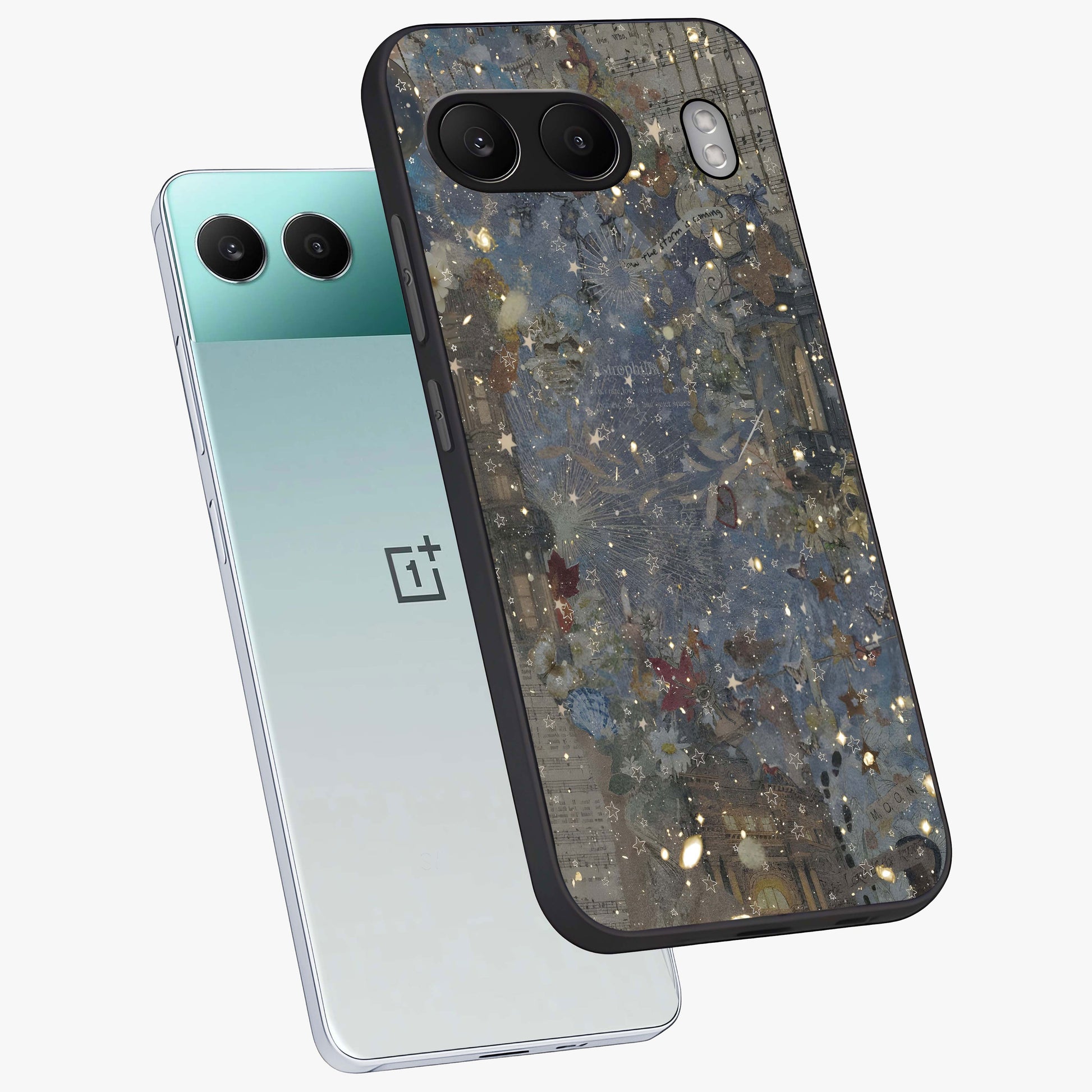 Aesthetic Astrolophia Glass Case for 1+Nord 4 angled mockup showcasing glossy cosmic design and premium glass finish