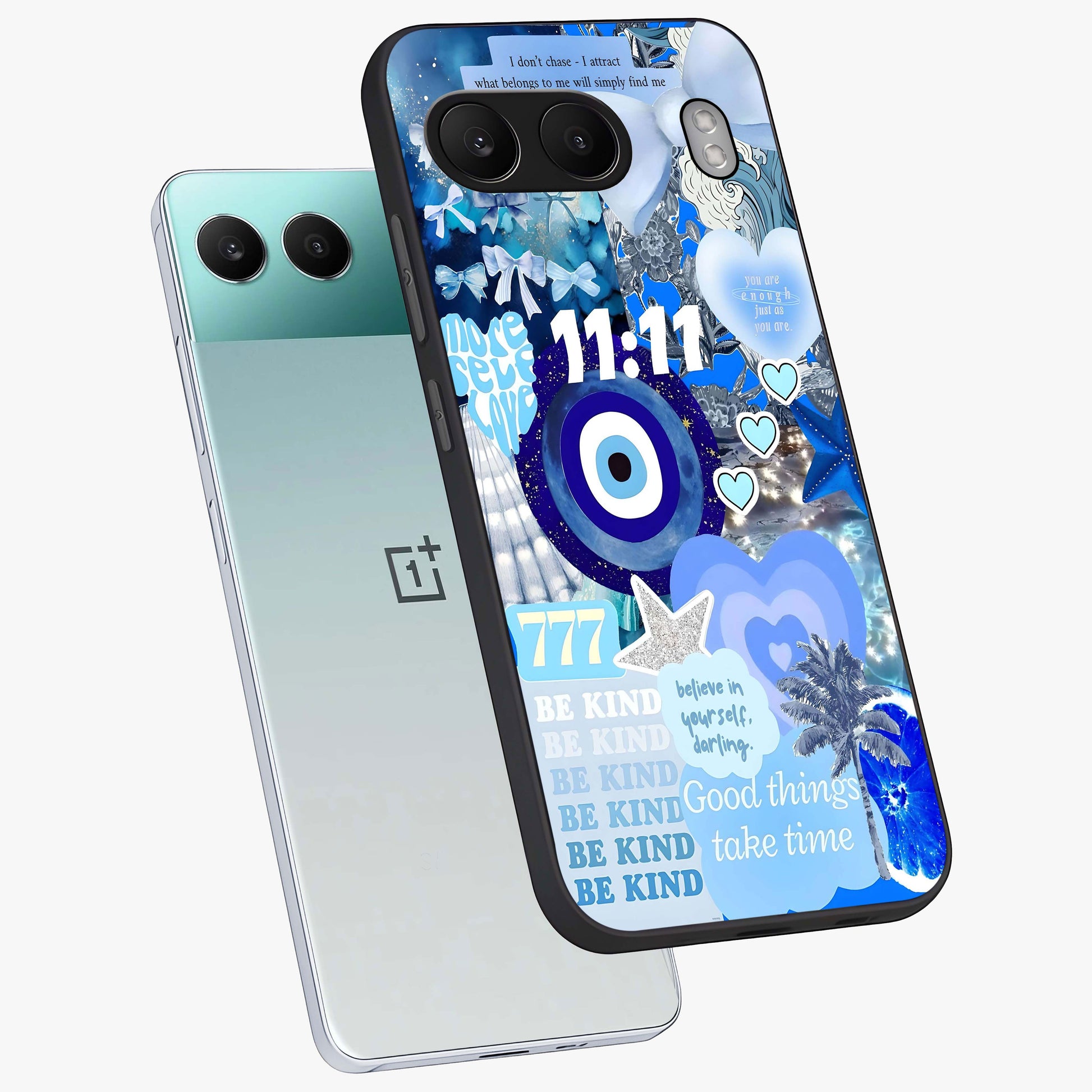 Aesthetic Be Kind Eye Glass Case for 1+Nord 4 angled mockup showcasing glossy finish and clean typography design