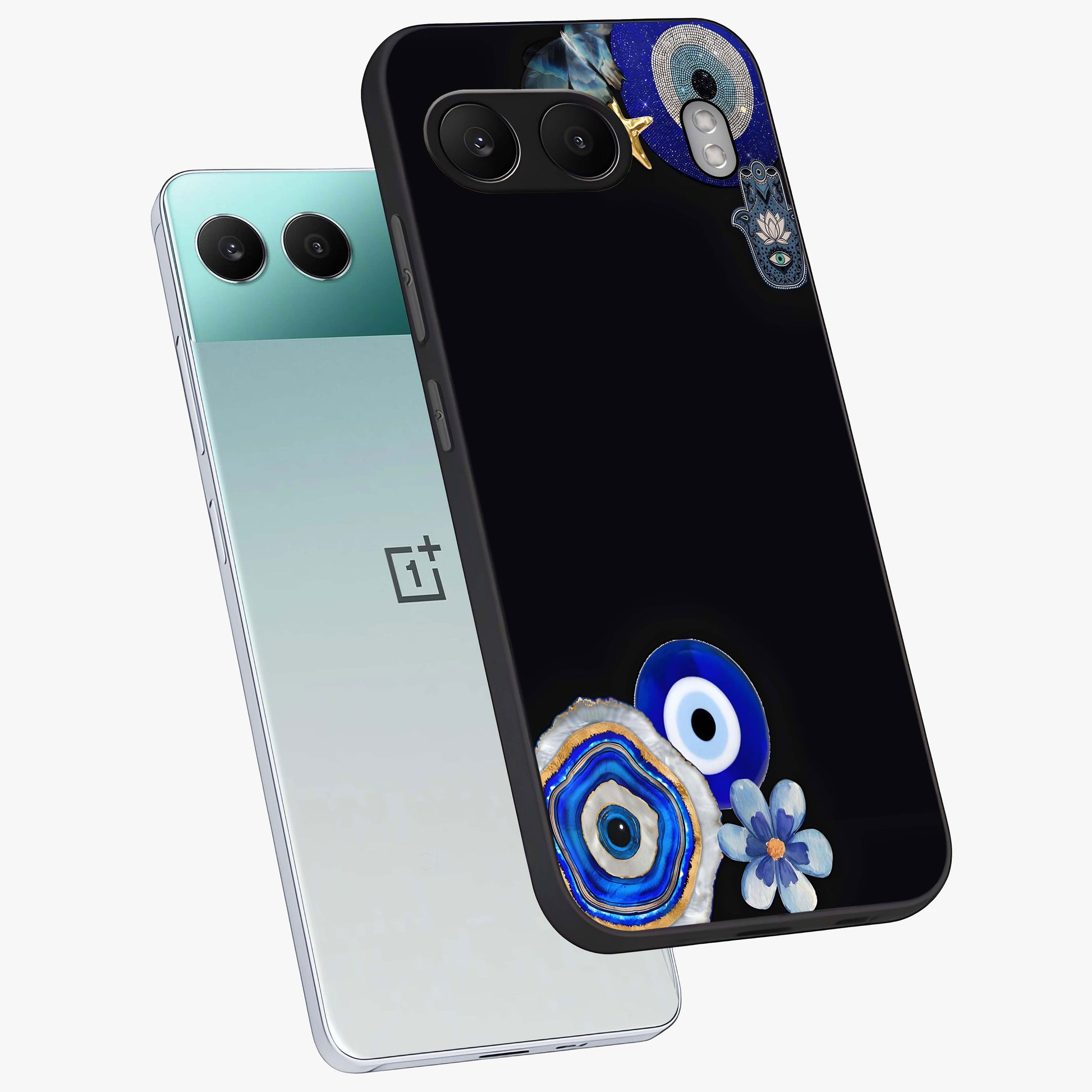 Aesthetic Blue Evil Eye Glass Case for 1+Nord 4 angled mockup showcasing glossy finish and protective symbol design