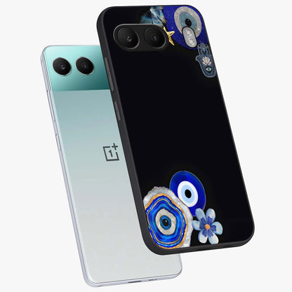 Aesthetic Blue Evil Eye Glass Case for 1+Nord 4 angled mockup showcasing glossy finish and protective symbol design