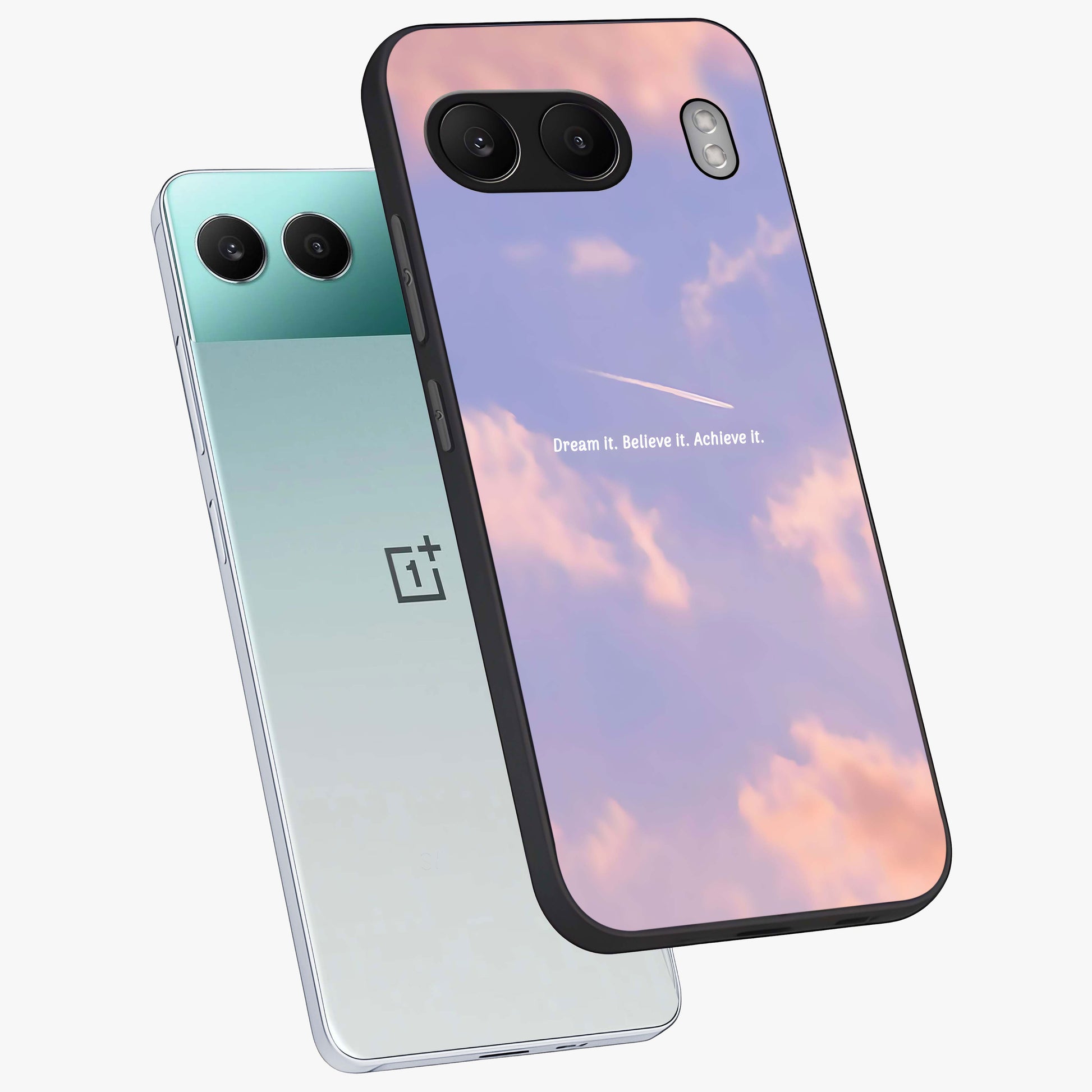 Aesthetic Clouds Dream Glass Case for 1+Nord 4 angled mockup showcasing glossy glass finish and sky inspired design