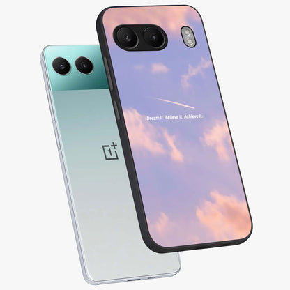 Aesthetic Clouds Dream Glass Case for 1+Nord 4 angled mockup showcasing glossy glass finish and sky inspired design