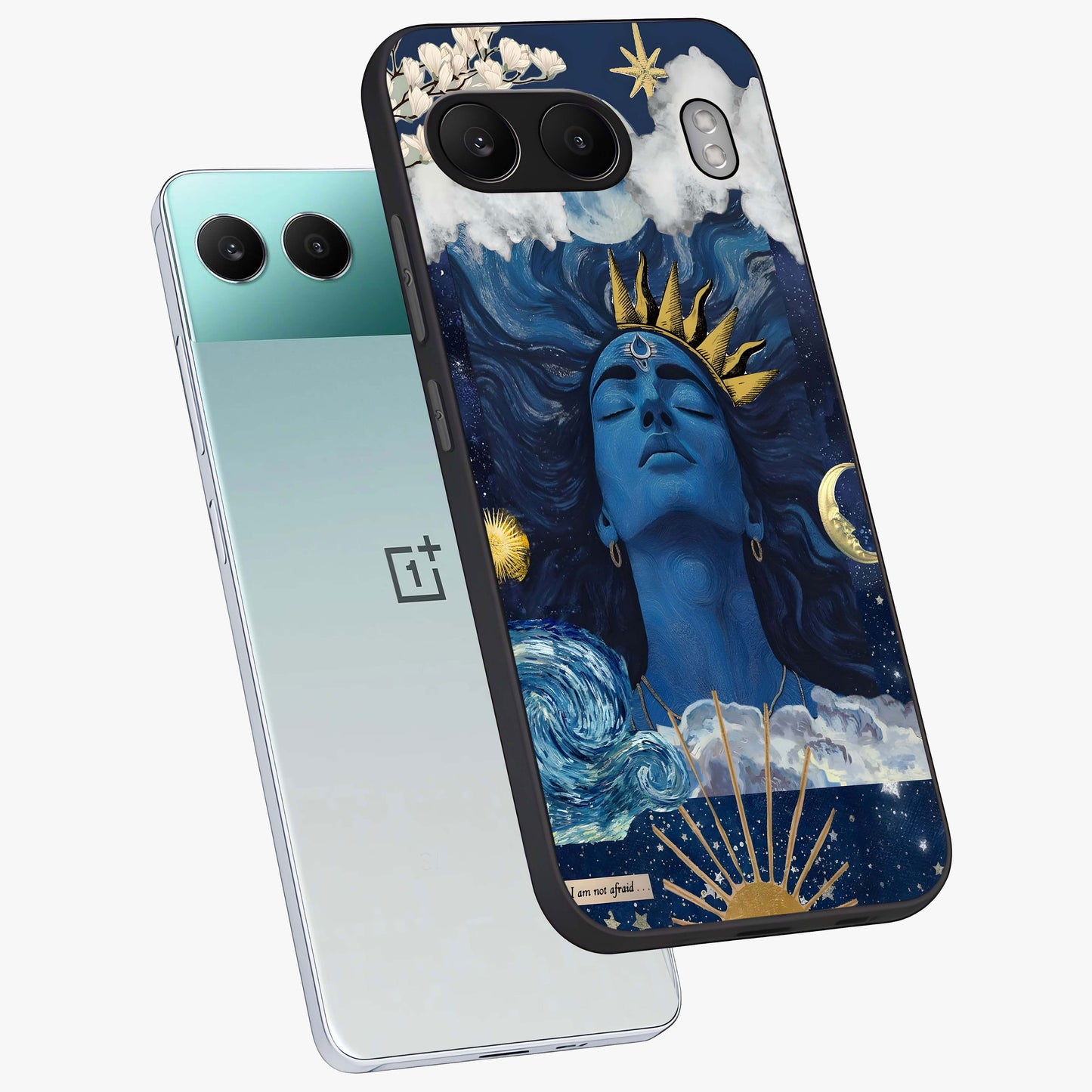 Aesthetic Lord Shiva Glass Case for 1+Nord 4 angled mockup showcasing glossy finish and divine aesthetic design