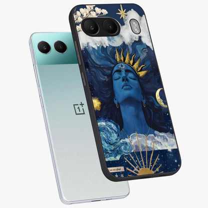 Aesthetic Lord Shiva Glass Case for 1+Nord 4 angled mockup showcasing glossy finish and divine aesthetic design