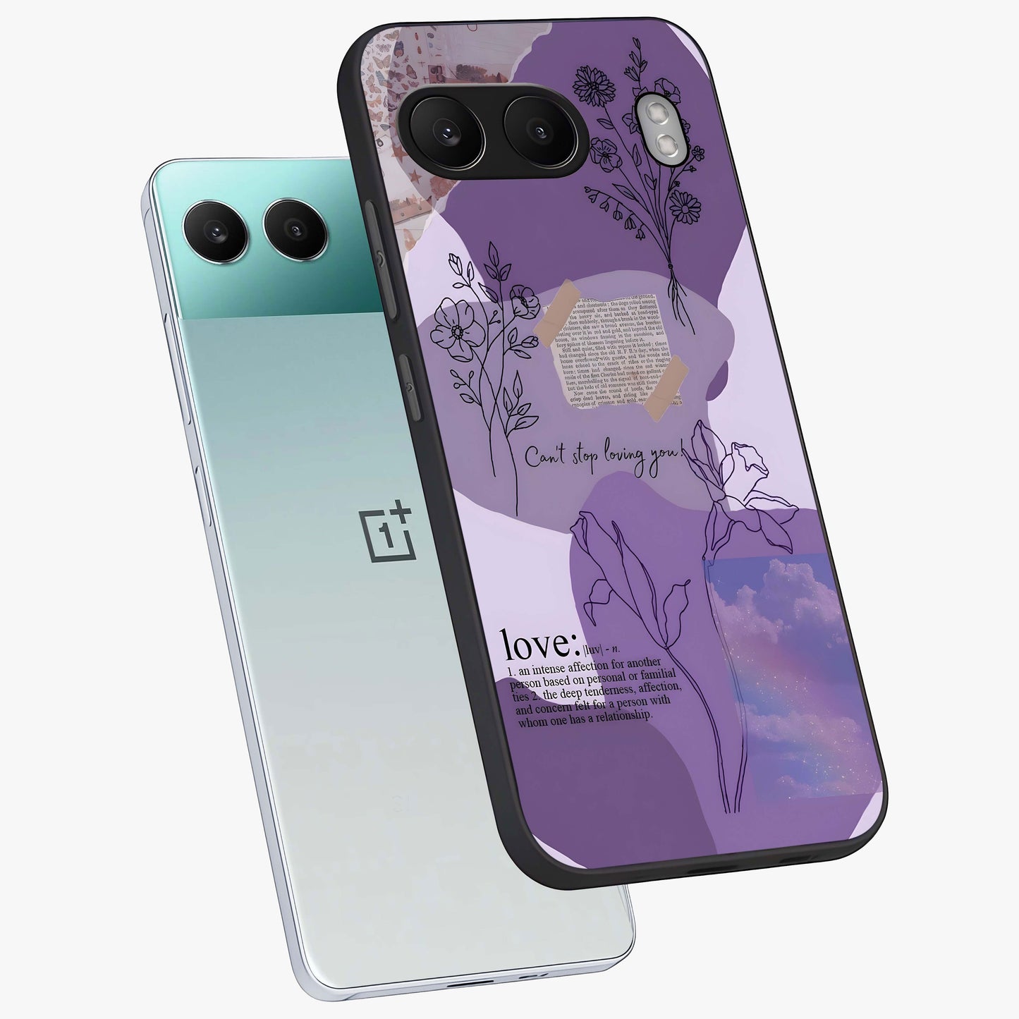 Aesthetic Love With Flower Glass Case for 1+Nord 4 angled mockup showcasing glossy finish and soft floral design