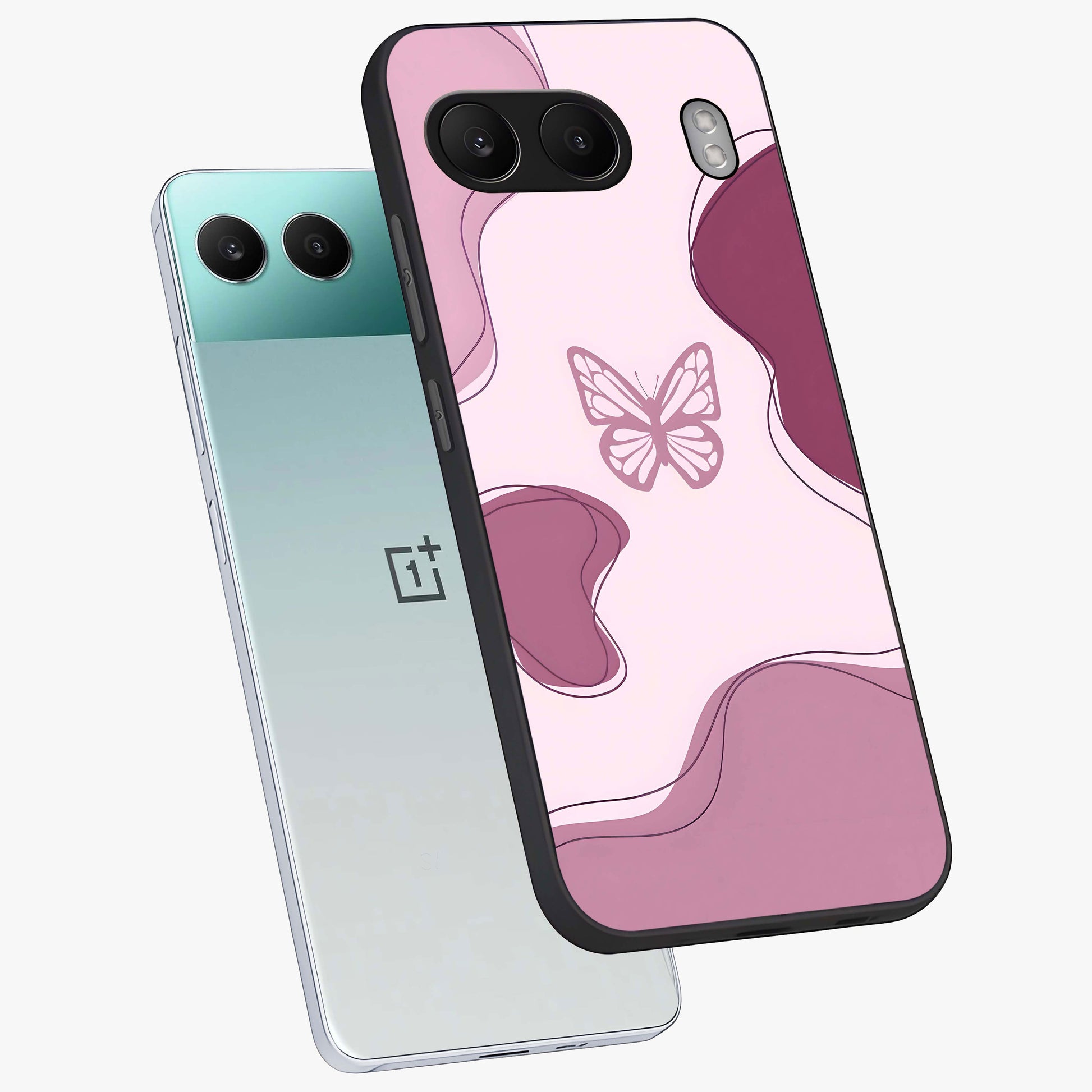 Aesthetic Pinkish Custom Name Butterfly Glass Case for 1+Nord 4 angled mockup showcasing glossy finish and soft pastel tones