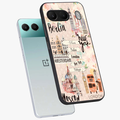 Aesthetic Travel Glass Case for 1+Nord 4 angled mockup showcasing glossy finish and adventure themed design
