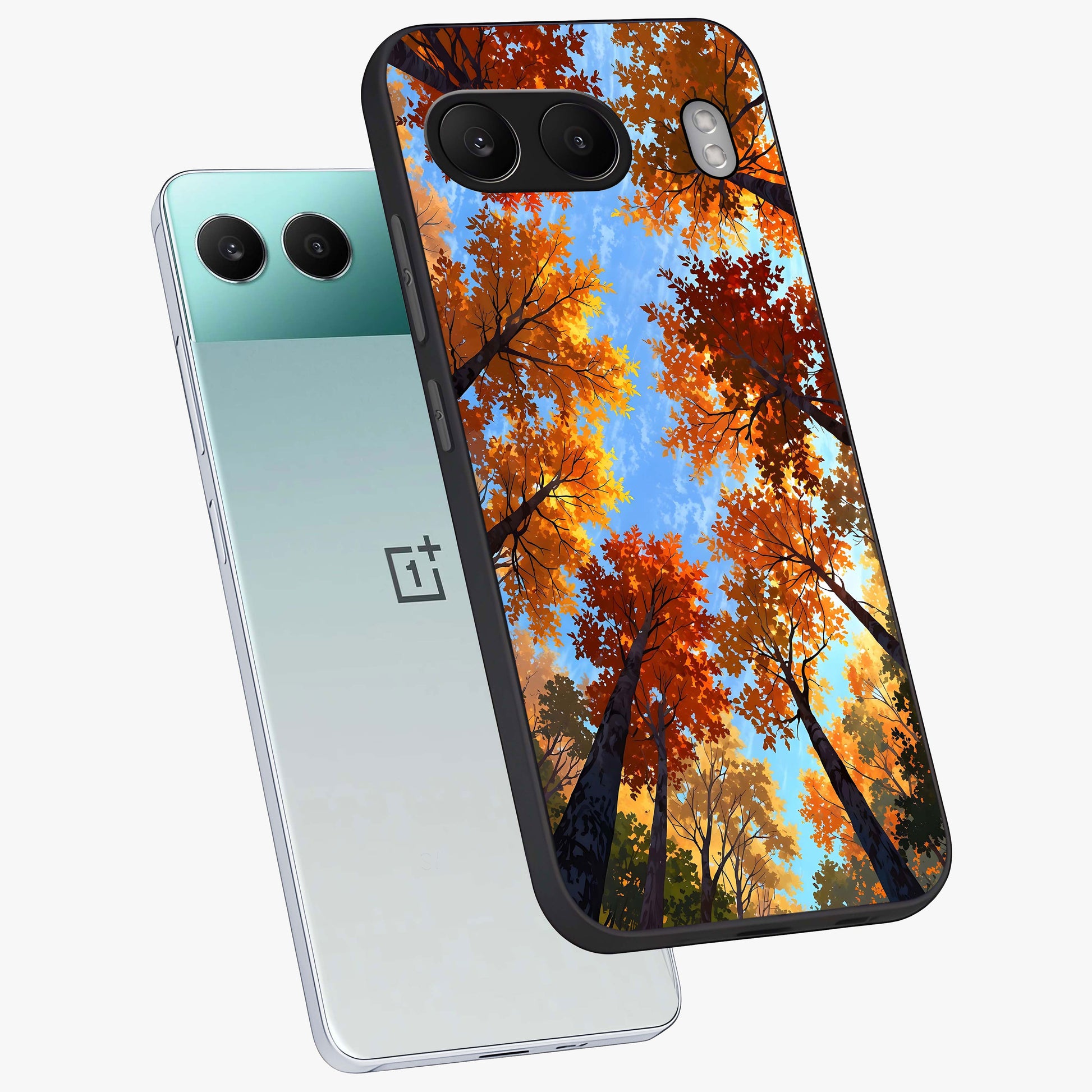 Amber Canopy Glow Glass Case for 1+Nord 4 angled mockup showcasing glossy glass finish and golden amber tones