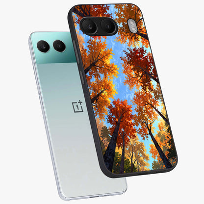 Amber Canopy Glow Glass Case for 1+Nord 4 angled mockup showcasing glossy glass finish and golden amber tones