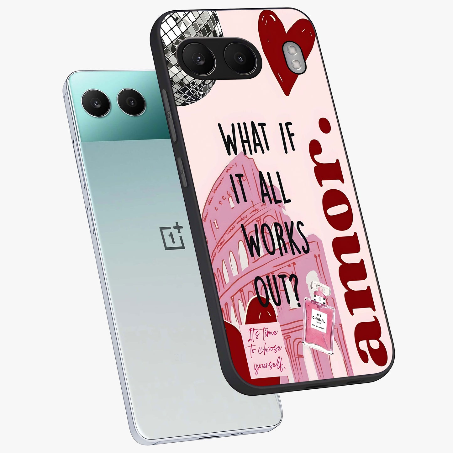 Amor Memory Scrapbook Glass Case for 1+Nord 4 angled mockup showcasing glossy finish and layered memory collage design