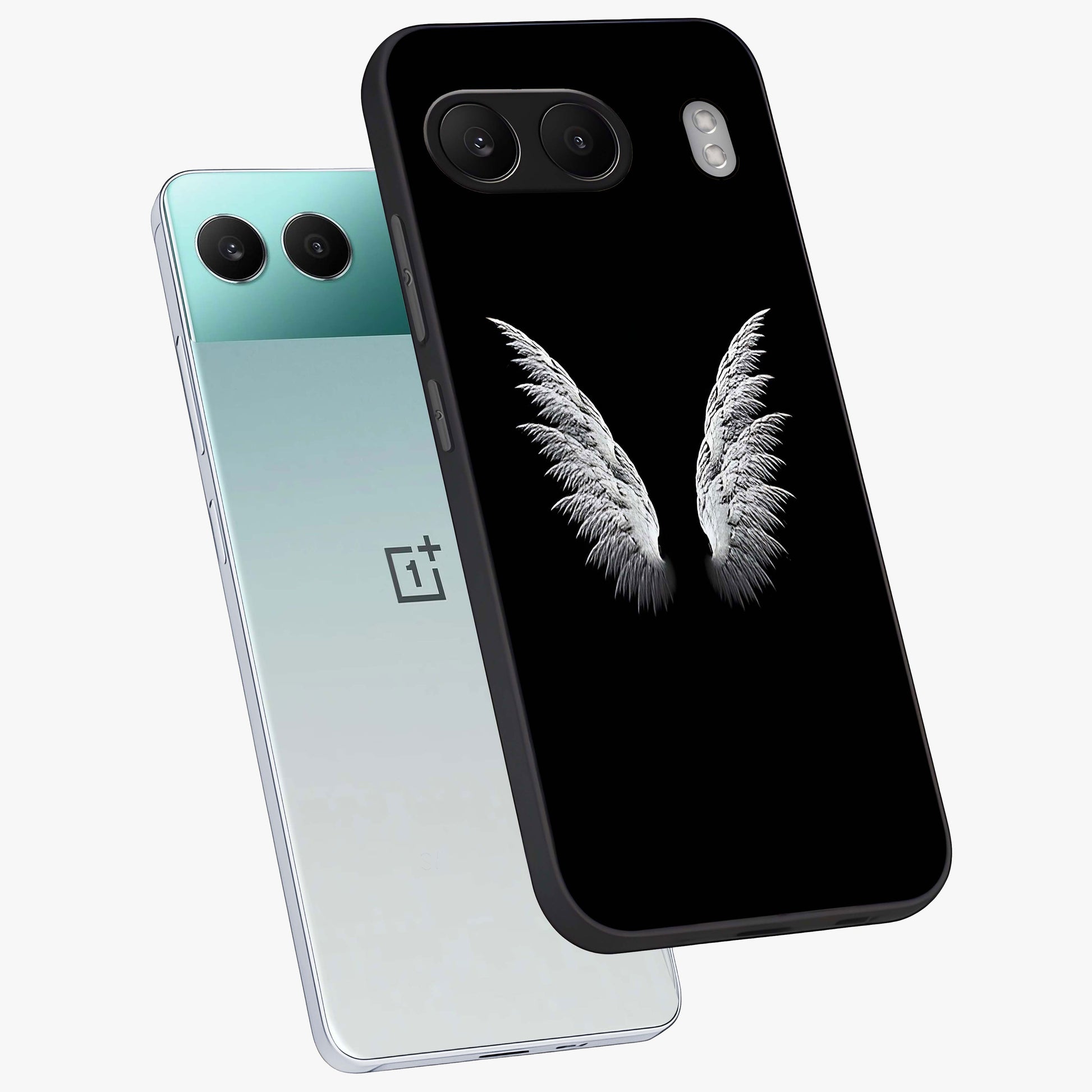Angel Wing Grace Glass Case for 1+Nord 4 angled mockup showcasing glossy finish and graceful feather design