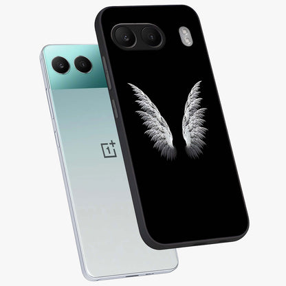 Angel Wing Grace Glass Case for 1+Nord 4 angled mockup showcasing glossy finish and graceful feather design