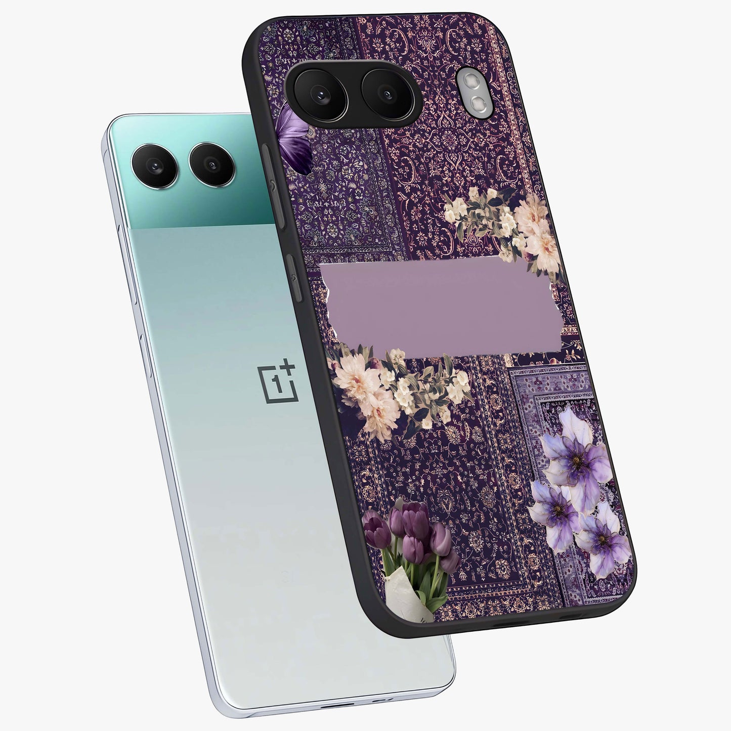 Antique Floral Whisper Glass Case for 1+Nord 4 angled mockup showcasing glossy finish and classic botanical design