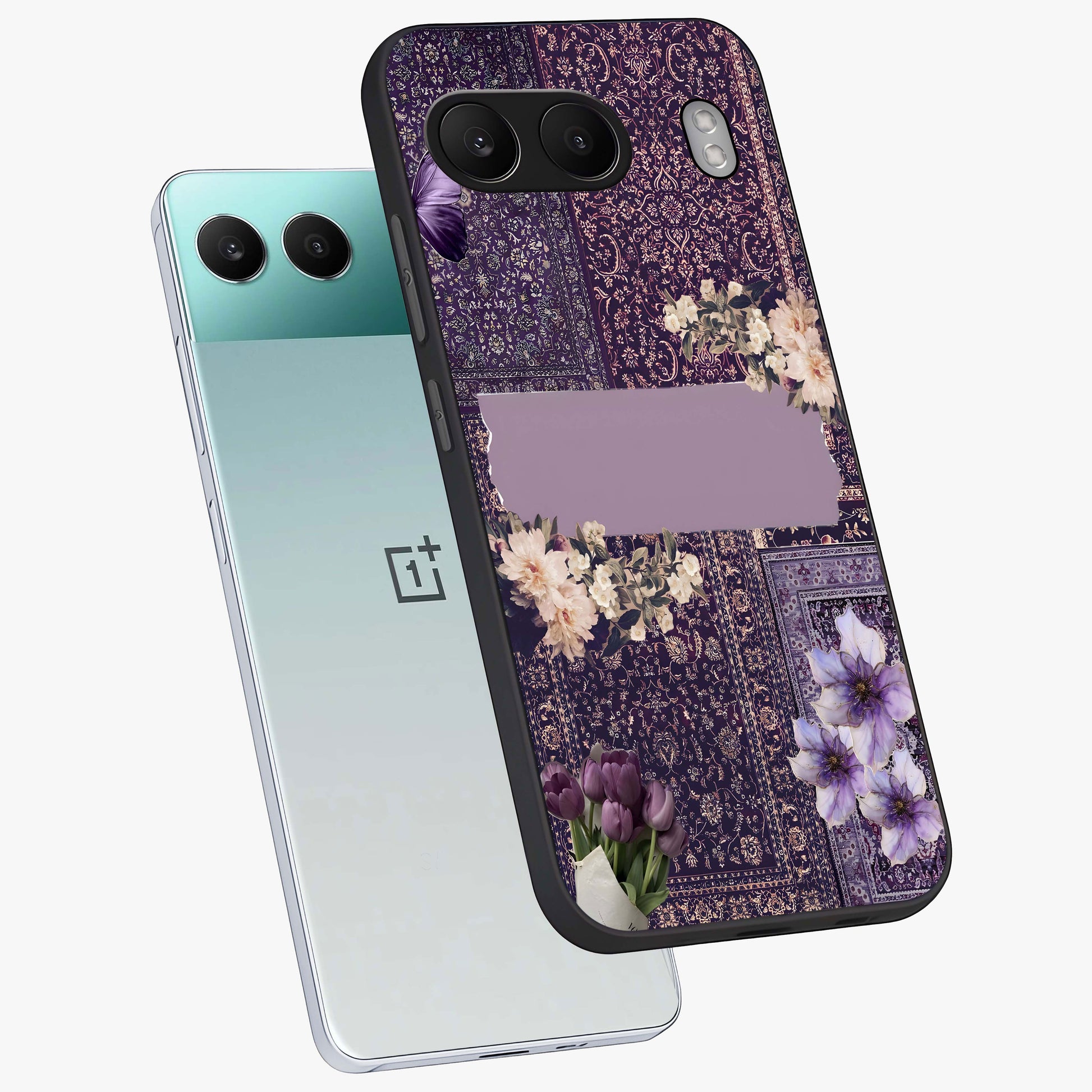 Antique Floral Whisper Glass Case for 1+Nord 4 angled mockup showcasing glossy finish and classic botanical design
