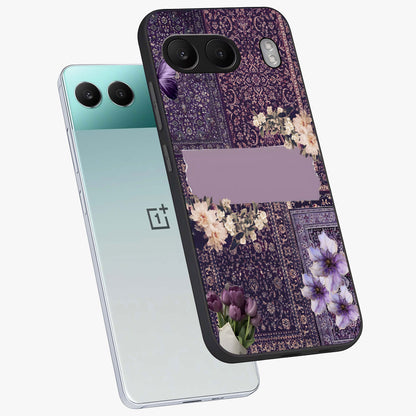 Antique Floral Whisper Glass Case for 1+Nord 4 angled mockup showcasing glossy finish and classic botanical design
