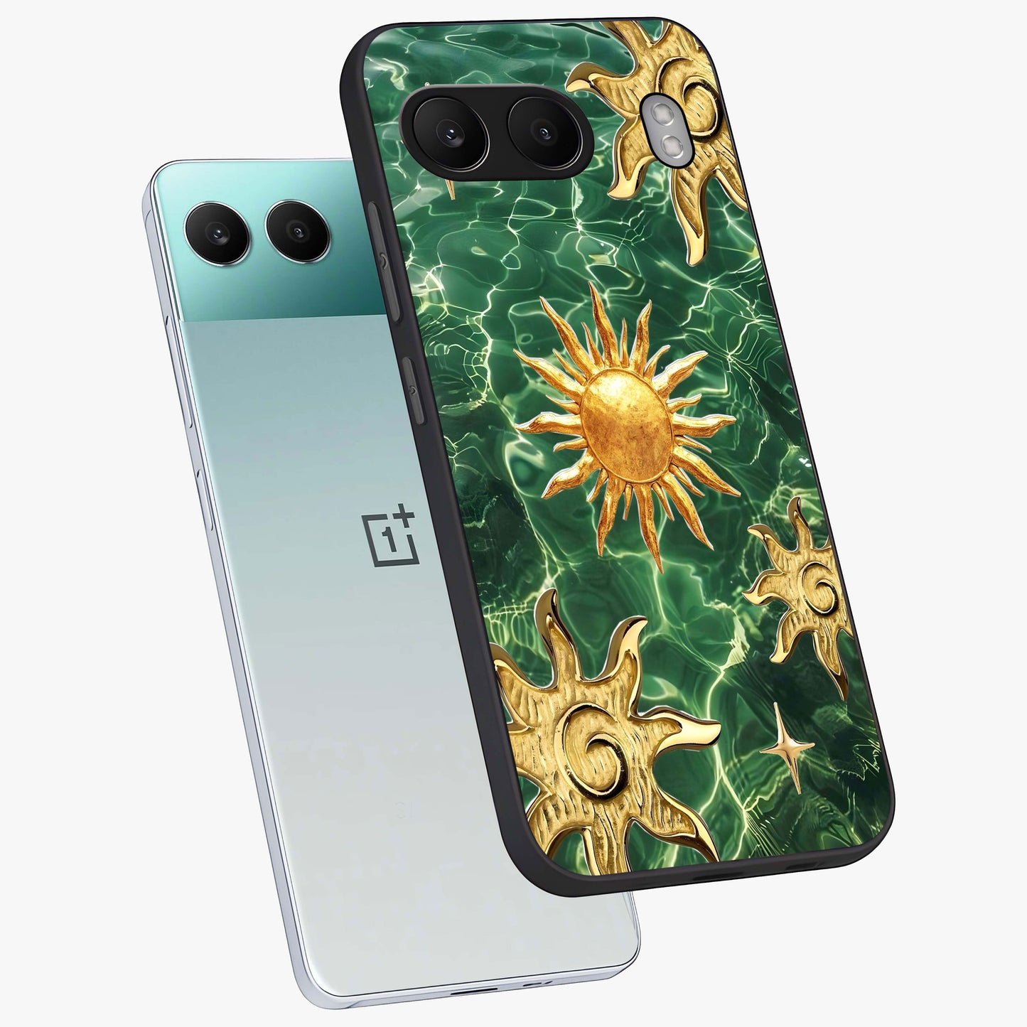 Aqua Sun Mirage Glass Case for 1+Nord 4 angled mockup showcasing glossy glass finish and radiant gradient tones