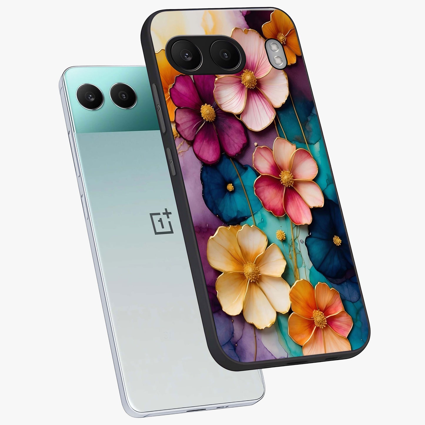 Artlyn Grace Flower Pattern Glass Case for 1+Nord 4 angled mockup showcasing glossy finish and graceful flower detailing