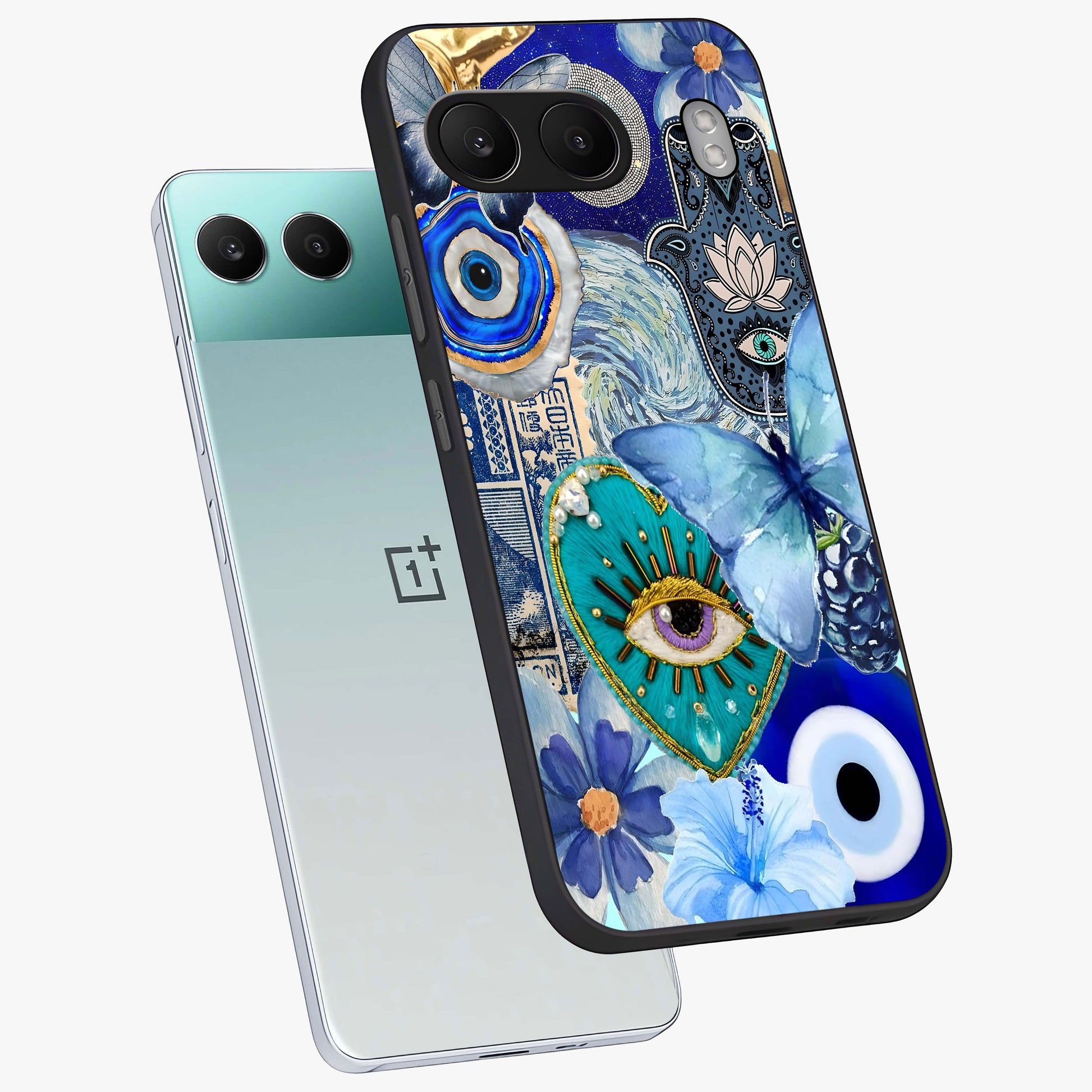 Audrey Zivan Glass Case for 1+Nord 4 angled mockup showcasing glossy glass finish and modern visual artwork
