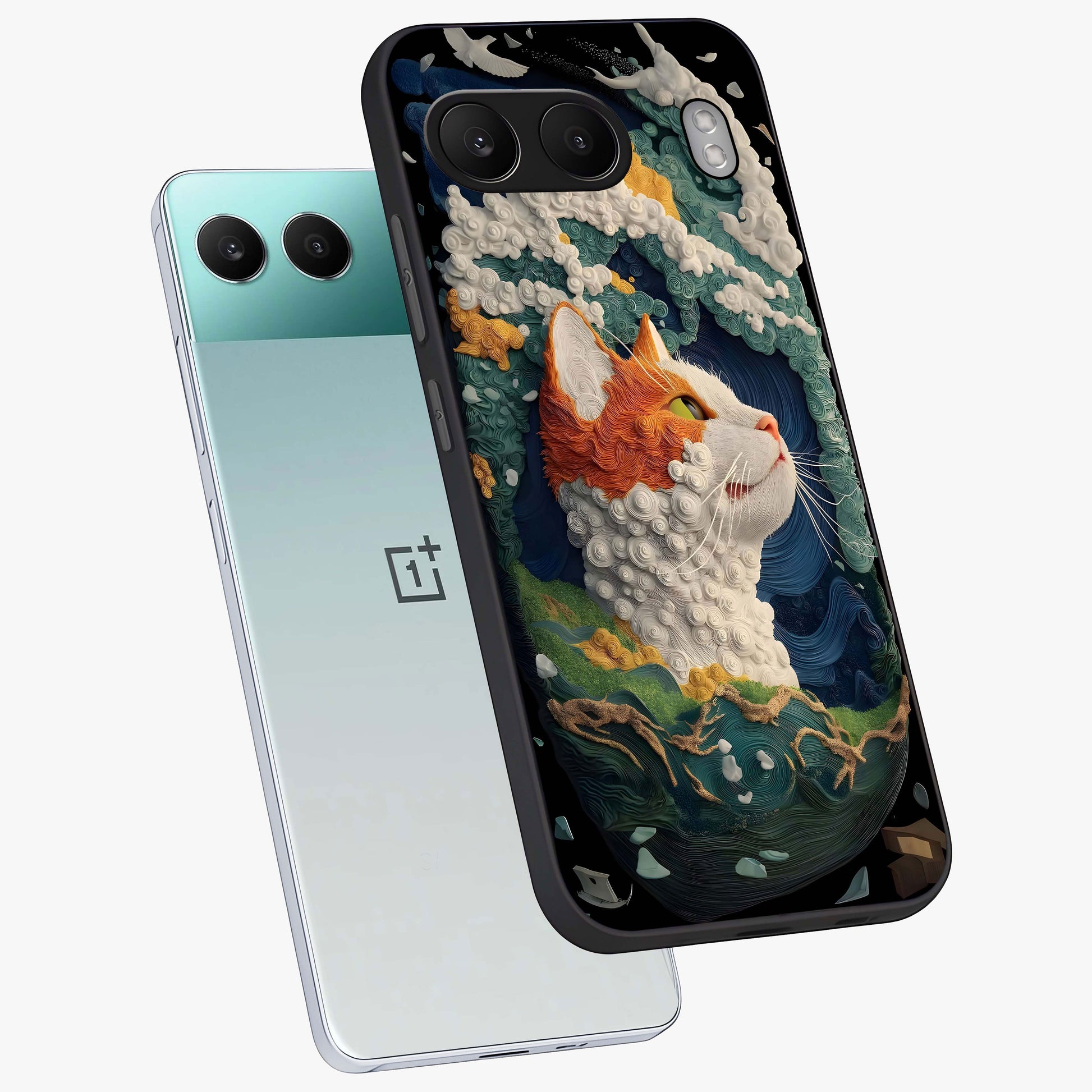 Aurora Cat Dreams Glass Case for 1+Nord 4 angled mockup showcasing glossy finish and vibrant cosmic colors