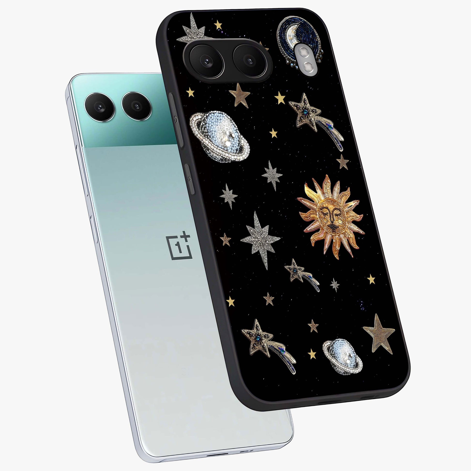 Beaded Cosmic Dreams Glass Case for 1+Nord 4 angled mockup showcasing glossy finish and vibrant galaxy detailing