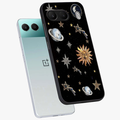 Beaded Cosmic Dreams Glass Case for 1+Nord 4 angled mockup showcasing glossy finish and vibrant galaxy detailing