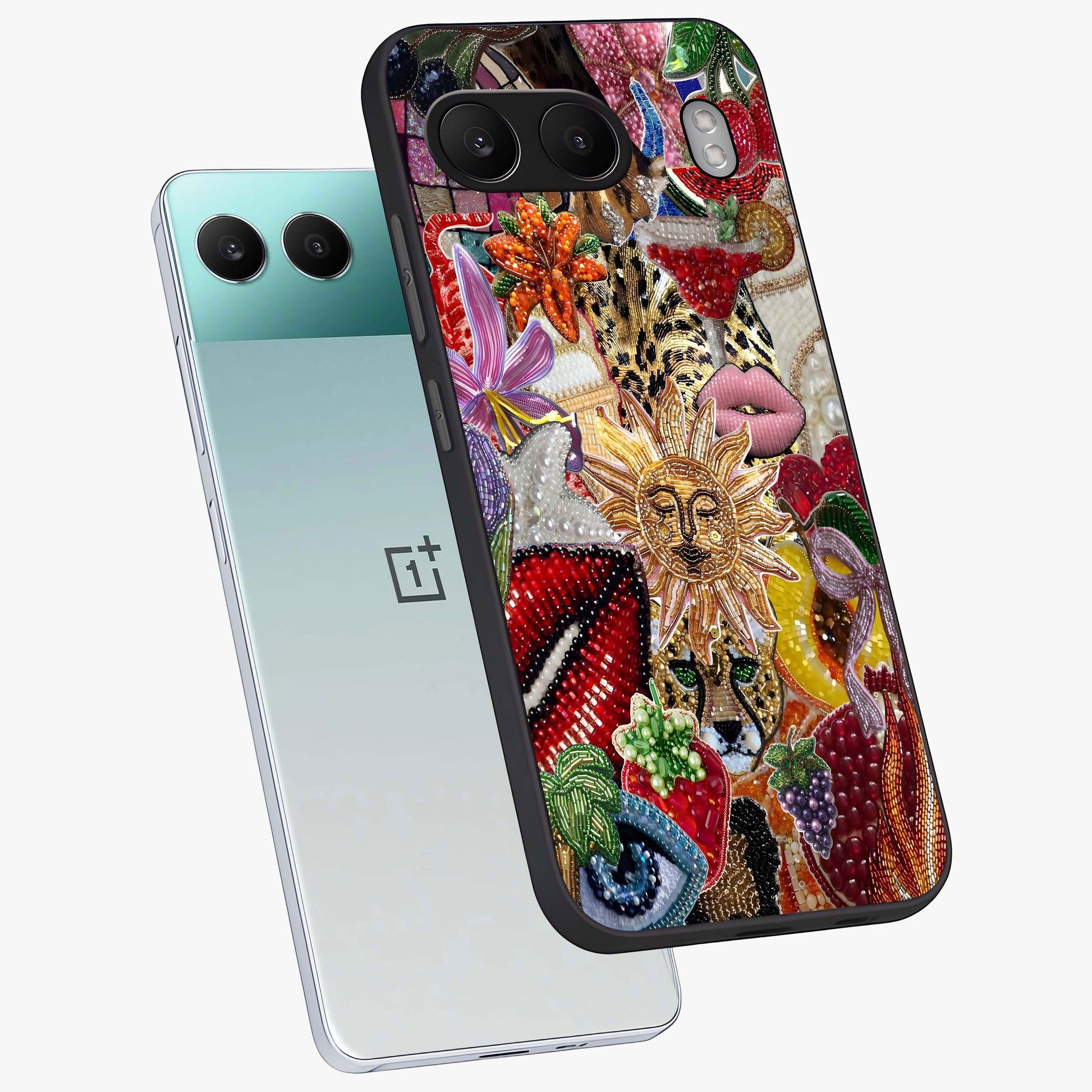 Beaded Fashion Jungle Glass Case for 1+Nord 4 angled mockup showcasing glossy finish and vibrant tropical design