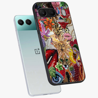 Beaded Fashion Jungle Glass Case for 1+Nord 4 angled mockup showcasing glossy finish and vibrant tropical design