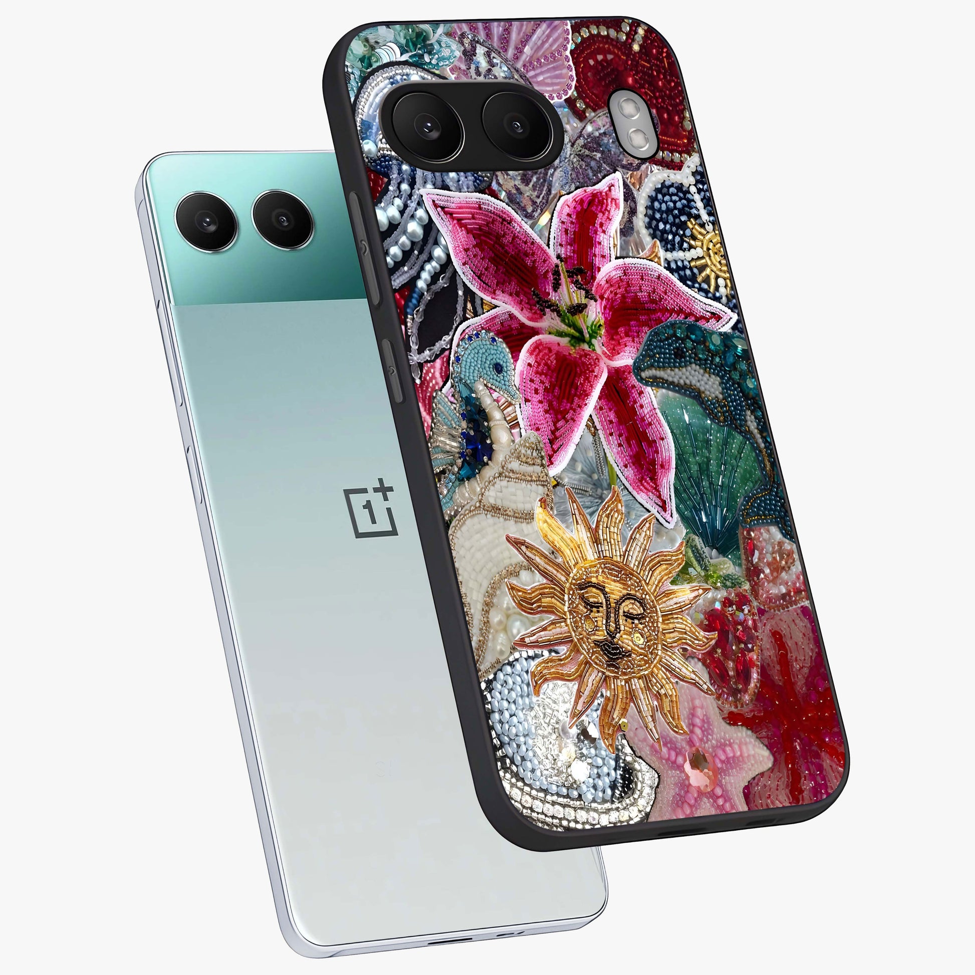 Beaded Garden Fantasy Glass Case for 1+Nord 4 angled mockup showcasing glossy finish and detailed fantasy design