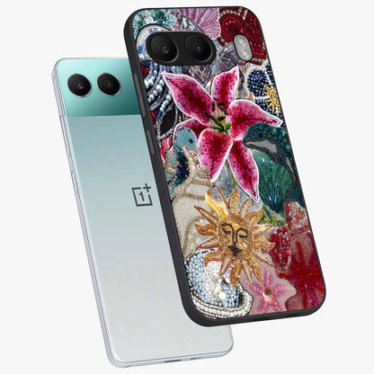 Beaded Garden Fantasy Glass Case for 1+Nord 4 angled mockup showcasing glossy finish and detailed fantasy design