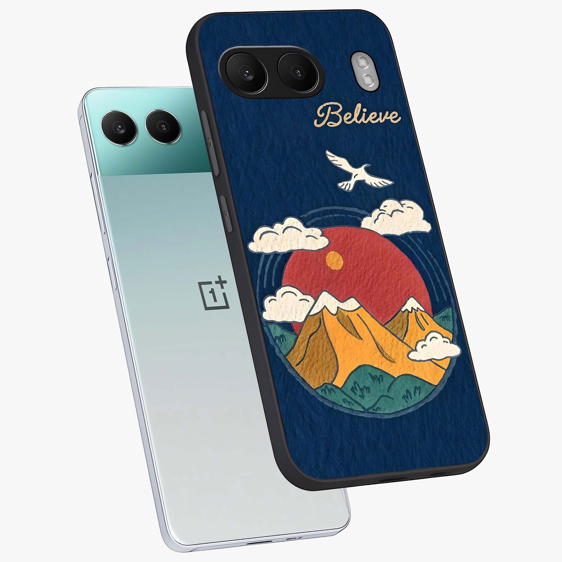 Believe Sky Escape Glass Case for 1+Nord 4 angled mockup showcasing glossy finish and serene cloud design